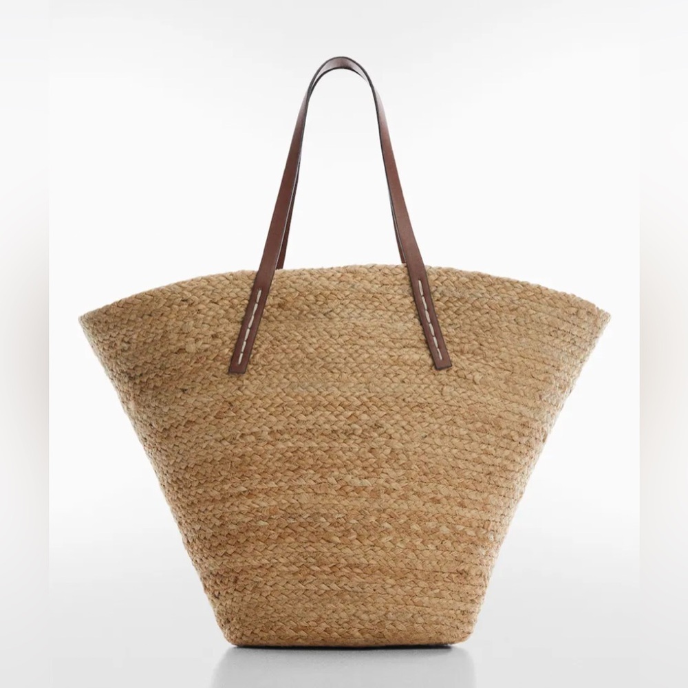 Mango Jute Basket Bag, Large Beach Tote, Drawstring Vacation Leather Handle Bag